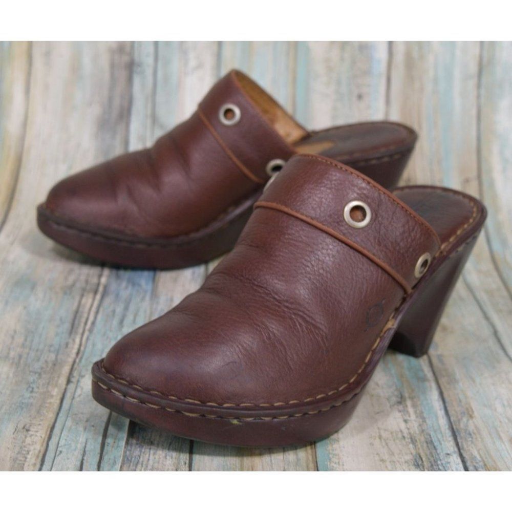 Born Brown Leather Mule Clogs Size 7 Women's Slip On Heels